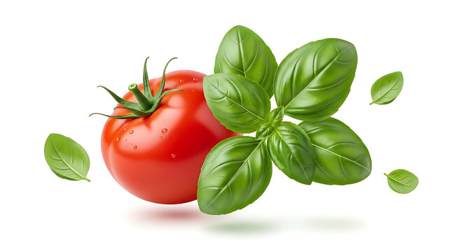 tomato and basil isolated on white background