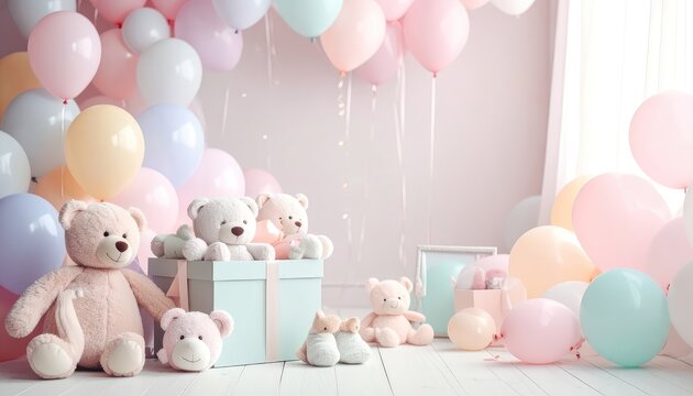 A charming scene featuring adorable teddy bears and a plethora of pastel balloons.