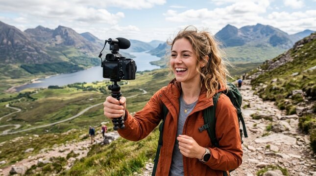 Travel vlogger filming selfie video with camera for tourism and social media. Smiling woman influencer lifestyle content creator