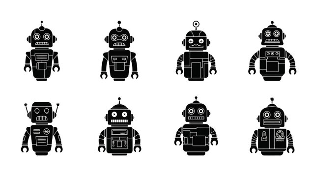 Collection of Eight Black and White Silhouette Robot Illustrations on a White Background