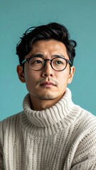 Obraz premium A young Asian man with glasses and a turtleneck sweater looks away from the camera.