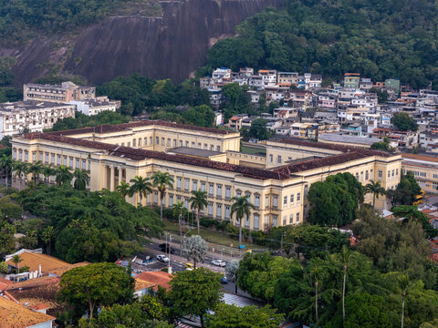 Aerial view of the Instituto Benjamin Constant neoclassical building with its inner courtyard and palm trees, Rio de Janeiro, Rio de Janeiro, Brazil.