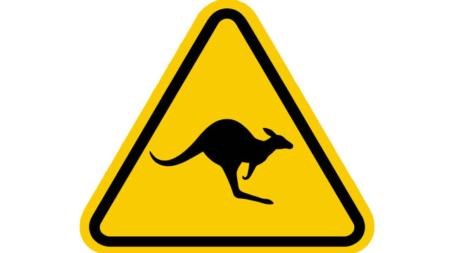 A yellow triangular warning sign featuring a black silhouette of a kangaroo.