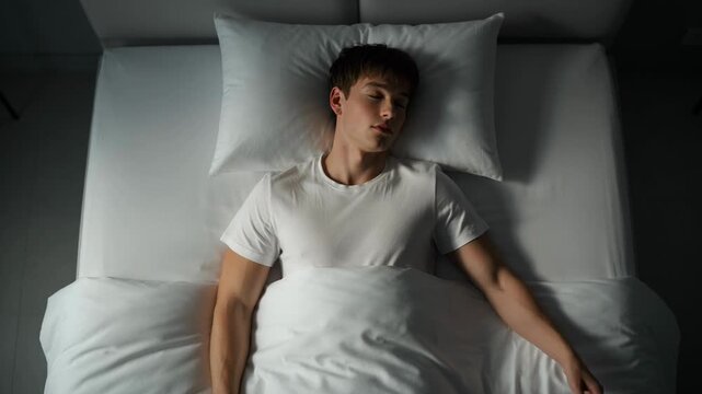 Young man sleeping on a bed at night, representing peace, comfort, relaxation, rest, tranquility, nighttime, stillness, solitude, health, recovery and deep sleep