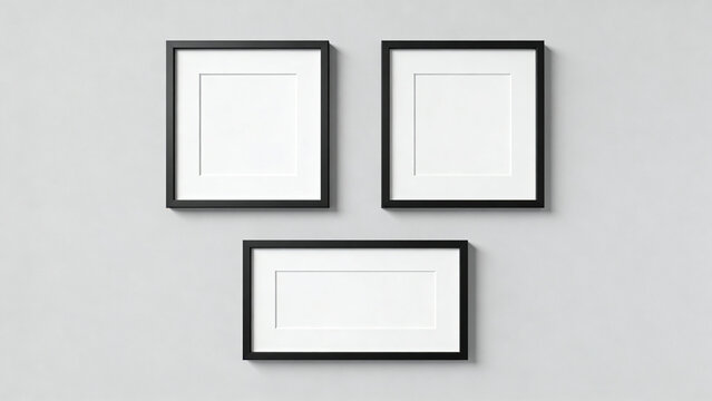  features a minimalist layout with three empty picture frames arranged against a plain, light gray background. The frames are simple and modern, with thin black borders and wide white mats. Two frames