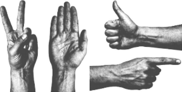 Set of black and white human hand gestures created with halftone dotted pattern on transparent background for creative use.