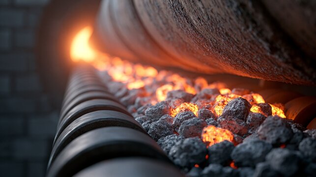 Photorealistic medium view focusing on clinker tumbling inside a cement plants rotary kiln with vivid furnace glow casting dramatic shadows on steel rollers and blurred brick