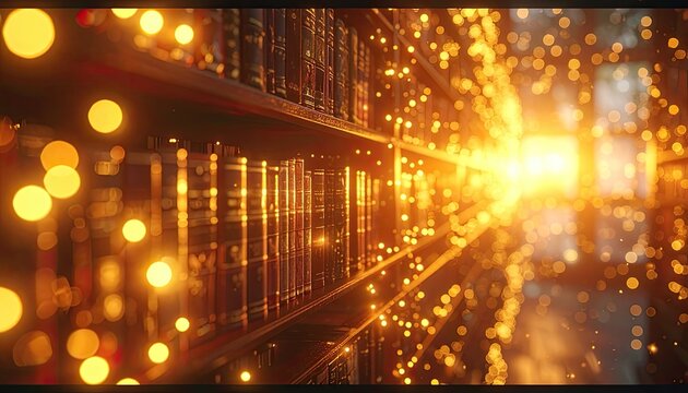 A magical library with glowing lights and ancient books.
