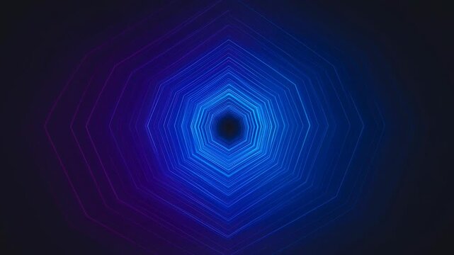 Concentric neon heptagons pulse in a dark void, creating a tunnel effect representing digital depth, cyberspace, rhythm, infinite transition, and motion graphics