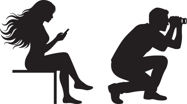 Silhouettes of a jealous man secretly spying with binoculars on a woman looking at her smartphone