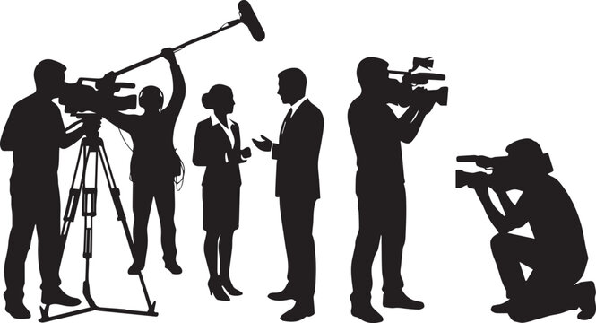 Silhouettes of a television crew broadcasting a live interview with journalists and camera operators