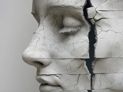 Detailed stone sculpture showing a cracked human face with closed eyes in a very realistic artistic portrait style