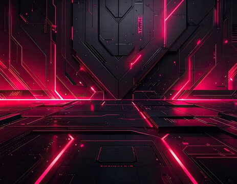 A dark, futuristic interior with glowing neon pink circuit board patterns.