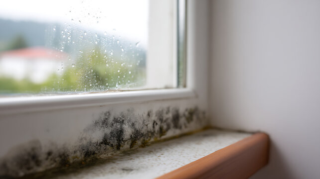 Serious Household Hazard: Close up of Black Mold Growth on an Interior Window Frame and Sill from Water Damage and Dampness