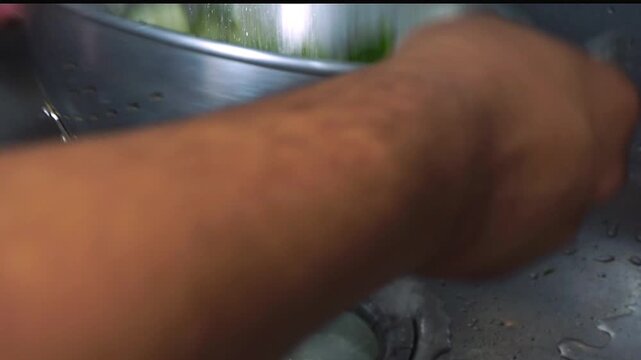 Close up of hands washing chopped green chard leaves in a metal colander under running tap water
