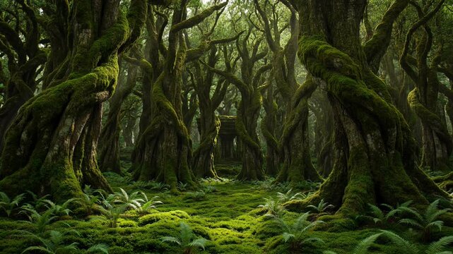 Ancient mossy trees with twisted trunks and fern undergrowth in a dense woodland, representing wilderness, stillness, growth, mystery, nature, and primeval ecology