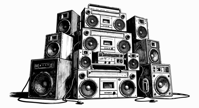 Vintage boomboxes, stacked audio equipment, retro speakers, black and white illustration