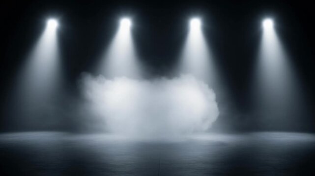 Empty stage with four bright spotlights and rolling white fog, representing performance, anticipation, mystery, atmosphere, drama, spotlight, and theatrical effect