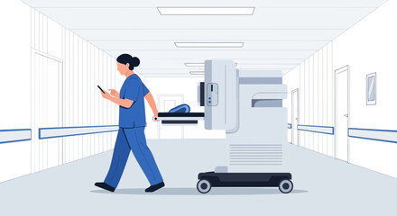 Fototapeta premium Nurse with Mobile Medical Device in Hospital Corridor