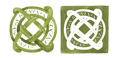 Viking Scandinavian square ornament. Вecorative design in Celtic, Scandinavian style, knot-work. Original Hand drawn watercolor illustration isolated on white  background © dariaustiugova