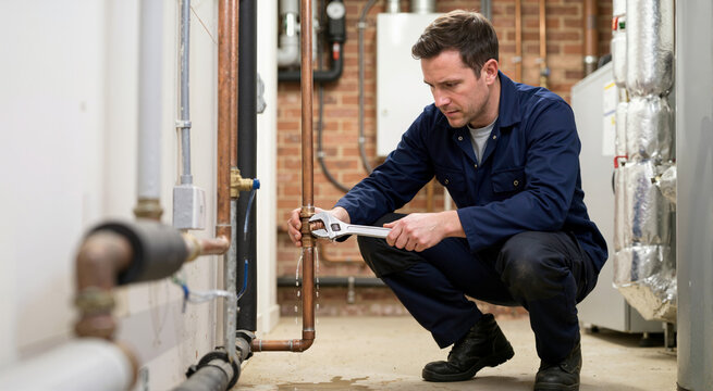 Male plumber fixing a leaking copper pipe with an adjustable wrench. Professional worker in uniform repairing plumbing connection in utility room. Maintenance service concept