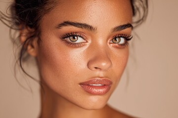 Naklejka premium Portrait of a female model with dramatic eyelash enhancement, natural glam makeup and clear eye focus