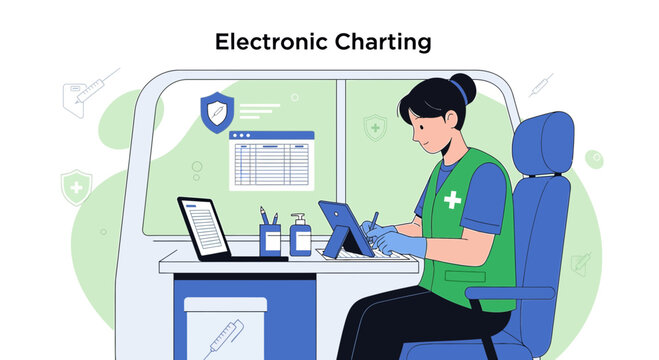 Nurse Using Electronic Charting System in Mobile Clinic for Patient Care