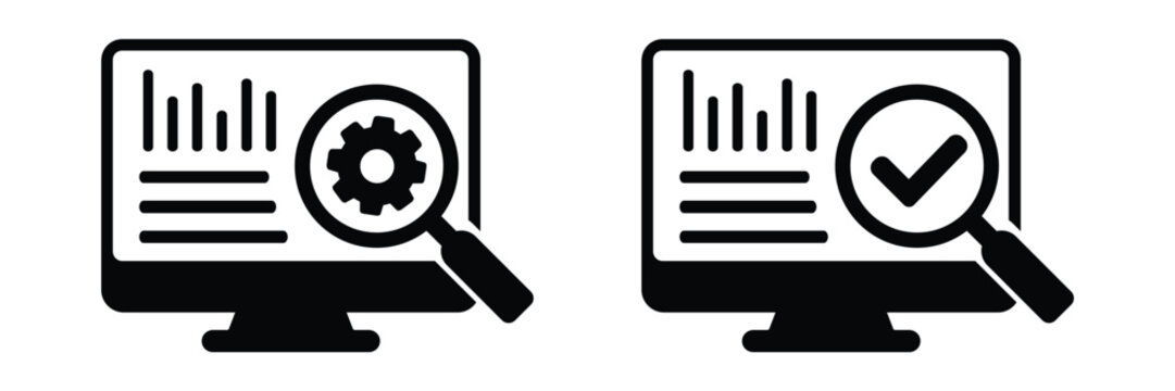 Two computer monitor side-by-side on a white background, one displaying a bar graph and magnifying glass over a gear, the other showing a bar graph and magnifying glass over a checkmark