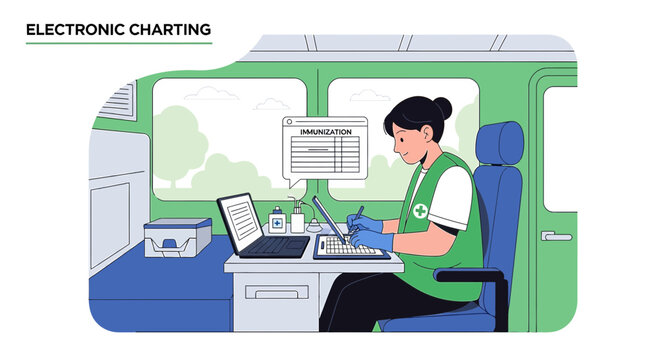 Nurse Using Laptop for Electronic Charting in Mobile Medical Unit