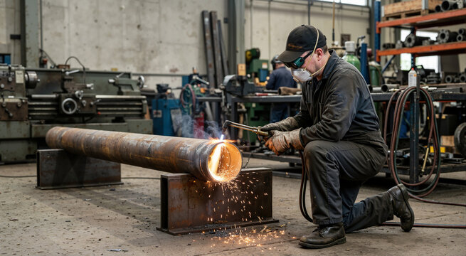 Industrial worker wearing safety gear and cutting a large metal pipe with a cutting torch. Welder generating sparks in a factory workshop. Heavy metalworking and fabrication concept