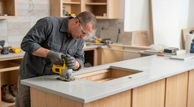 Male contractor wearing safety glasses and using a jigsaw to cut a sink hole in a kitchen countertop. Carpenter working on home renovation and cabinet installation. Kitchen remodeling concept