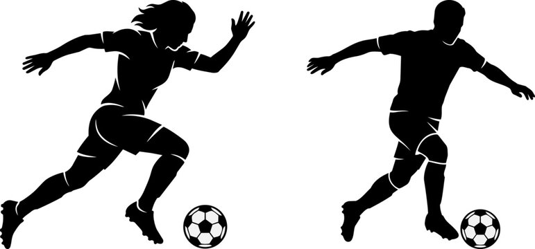 Silhouettes of soccer player dribbling a ball.