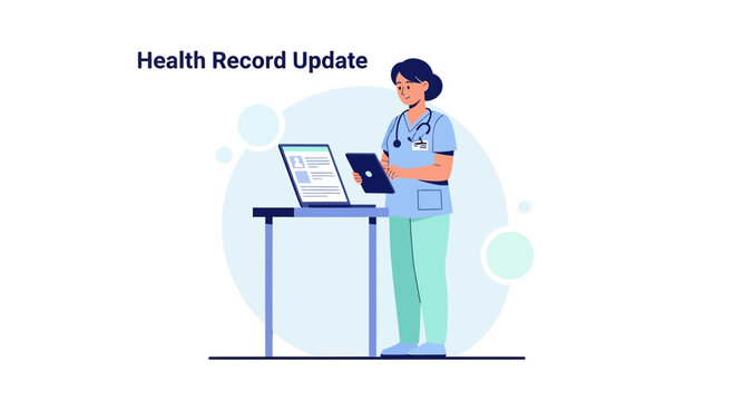 Nurse Updating Health Record on Laptop and Tablet, Modern Healthcare Technology