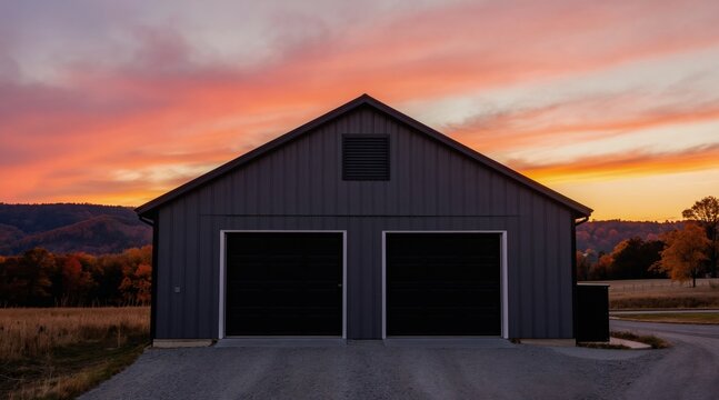 Modern garage building with dark grey metal siding and black doors sits against a vivid sunset sky. Hills and autumn trees create a scenic rural landscape background.