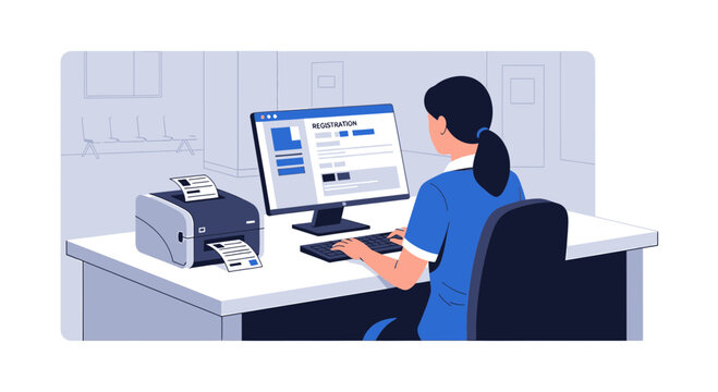 Nurse Using Computer and Printer for Medical Records and Patient Information