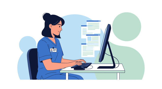 Nurse Using Computer for Medical Records and Patient Care Online