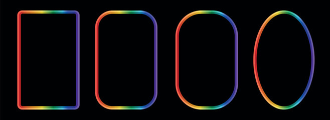 Retro whimsical rainbow gradient frame set borders. LGBTQ community symbol with rainbow. Vibrant multi colored frames for greeting cards, menu, gift tags, and modern stationery. © Oxana
