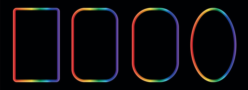 Retro whimsical rainbow gradient frame set borders. LGBTQ community symbol with rainbow. Vibrant multi colored frames for greeting cards, menu, gift tags, and modern stationery.