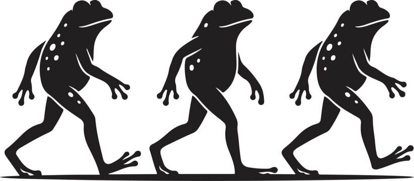 Frog silhouette walking set. Bipedal toad icons collection. Walking frog vector illustration. Black amphibian shapes. Minimalist nature animal graphics. Cartoon toad character movement. Flat vector 