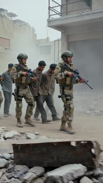 Armed guards escorting detainees through war-torn urban area. Military personnel patrolling ruined city street with prisoners. Concept, Tracking shot.