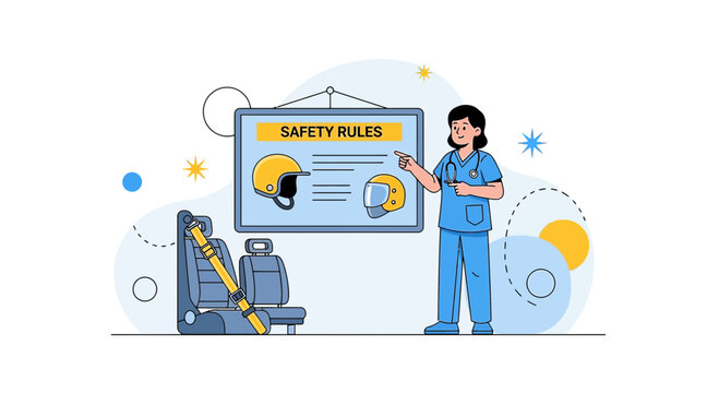 Nurse teaching safety rules with helmet and car seat illustration