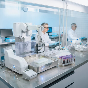 Scientists analyzing blood samples for epigenetic clock and monocyte aging to develop mental health biomarker in a clinical laboratory for early detection.