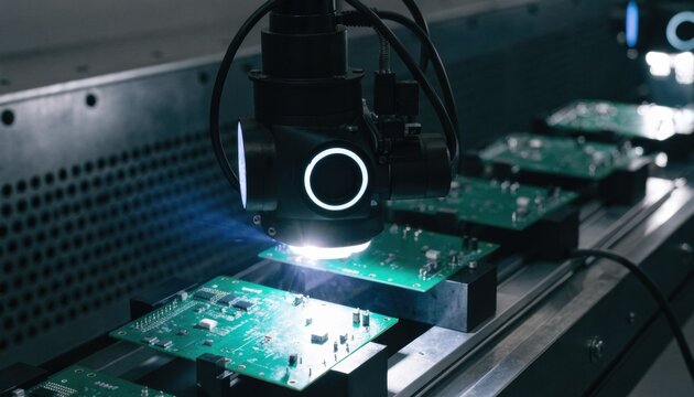 Medium shot of a benchtop AOI device analyzing circuit boards under bright lighting detecting soldering flaws and alignment issues in a controlled testing environment.