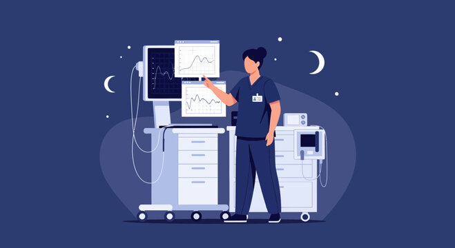 Nurse Analyzing Medical Data on Monitor, Healthcare Technology, Night Shift