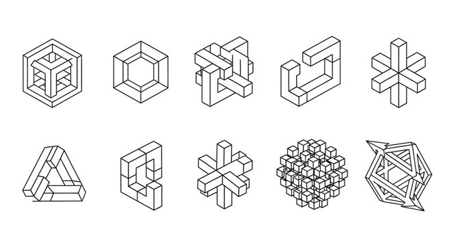Abstract geometric isometric shapes and optical illusions vector collection, featuring complex 3D structures and intricate line art designs for modern graphic projects