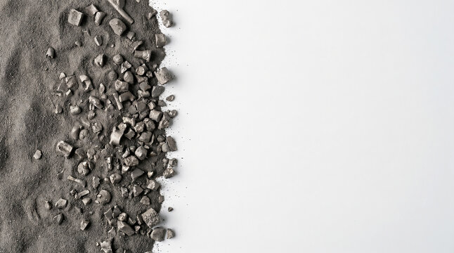 Fine grey titanium alloy powder and sintered metal 3D printing scrap leftovers on the left of a white background with wide copy space