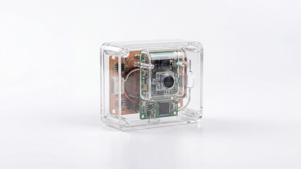 Fototapeta premium Transparent camera device displaying technology components on white background