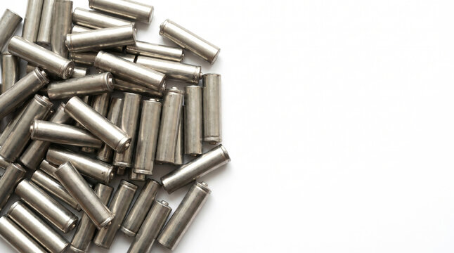 Used unbranded alkaline batteries blank metal jackets on the left of a white background with wide copy space