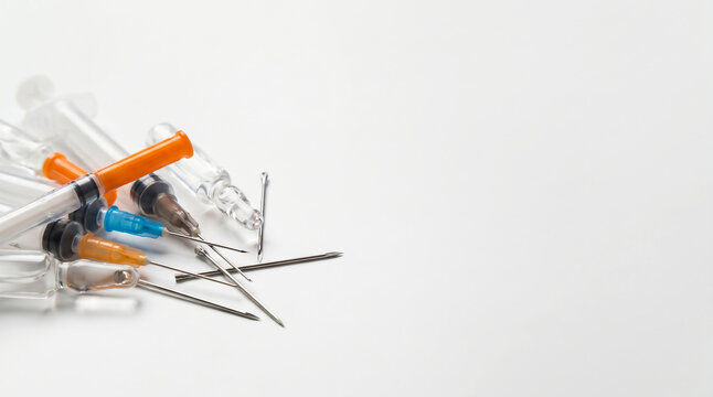 Used medical sharps hypodermic needles and syringe barrels on the left of a white background with wide copy space
