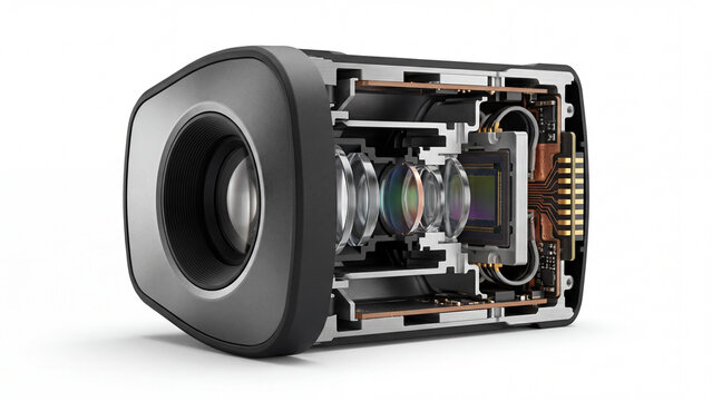 Camera internal components detailed view on white background technology